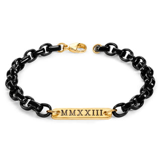 5.6mm Stainless Steel Black Chain Roman Numerals Flat Bar Bracelet